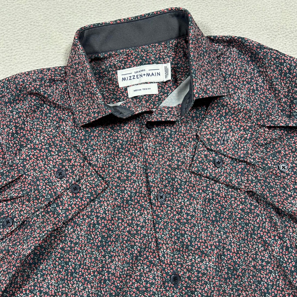 Mizzen+Main Leeward Shirt Mens Medium Red Navy Floral Trim Fit Long Sleeve